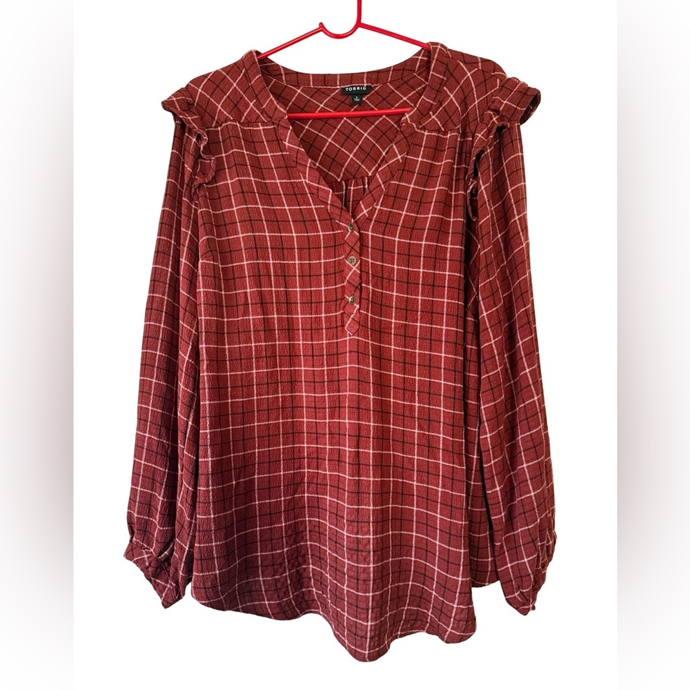 TORRID Crinkle Gauze Ruffle Plaid Top Rust Burgundy Sz 2 18 20 $60